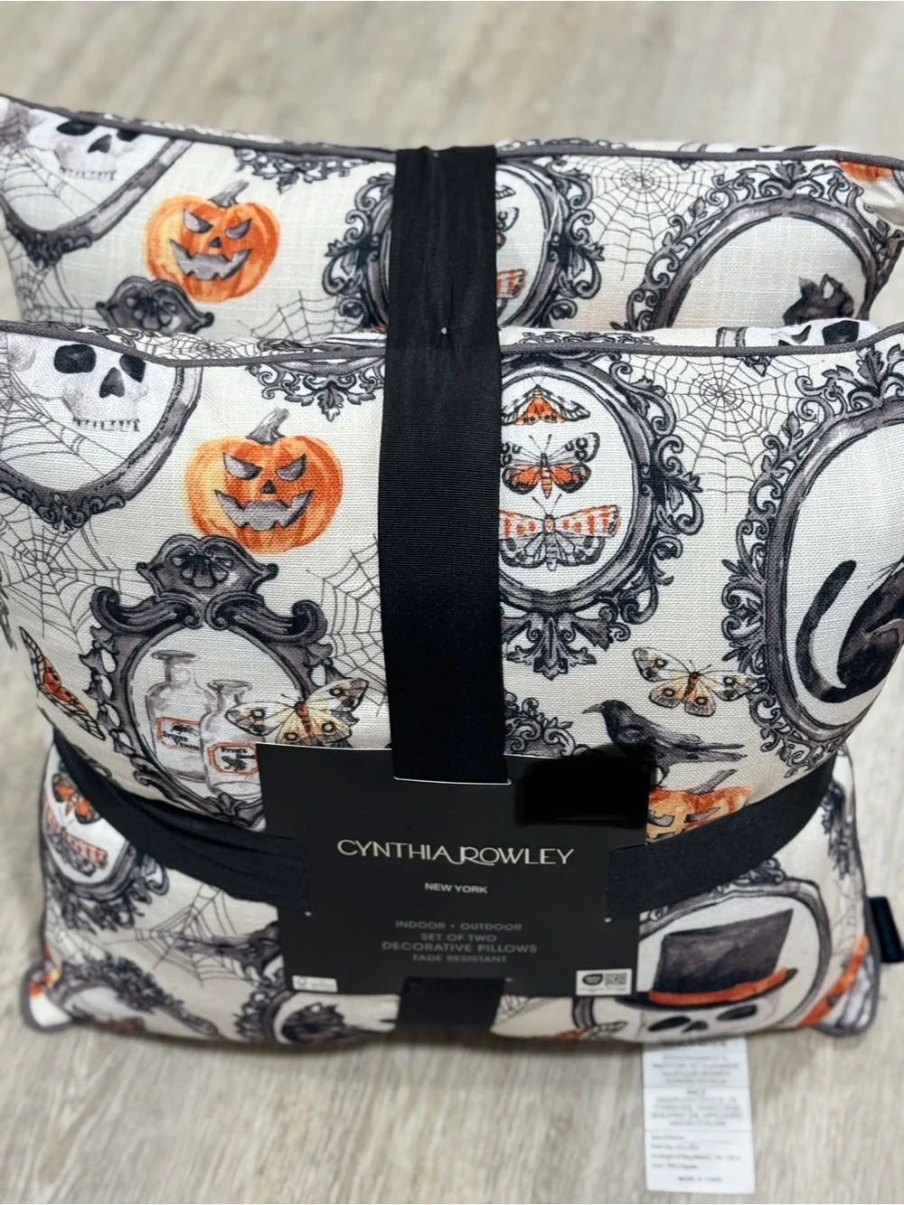 Cynthia Rowley Halloween Frame Print 2 Pillow - White, Orange & Black